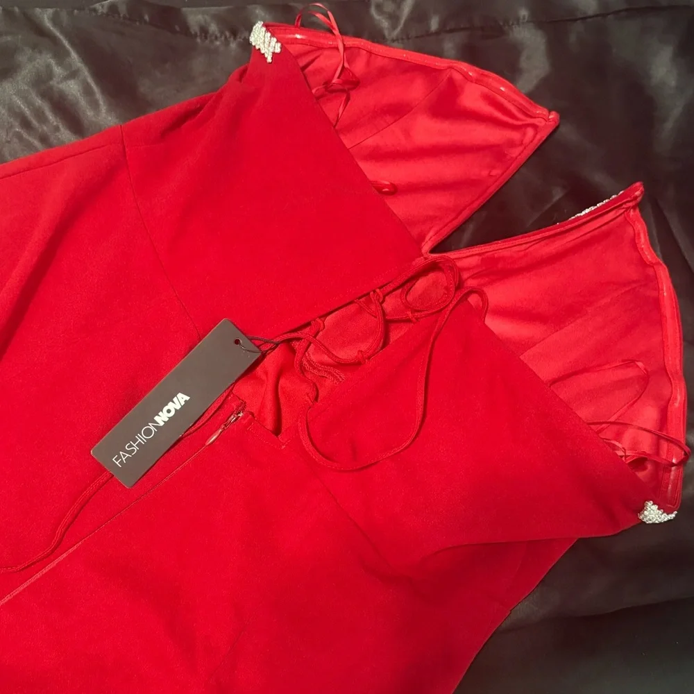 Fashion Nova Red Lace-up Back Dress with Rhinestone Sweetheart Neckline - Picture 5 of 5